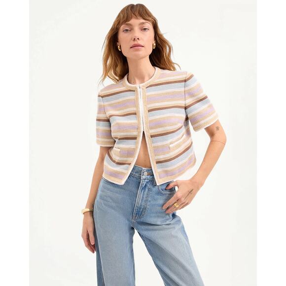 VERONICA BEARD Wyatt Khaki Multicolor Striped Short Sleeve Jacket - Picture 1 of 12